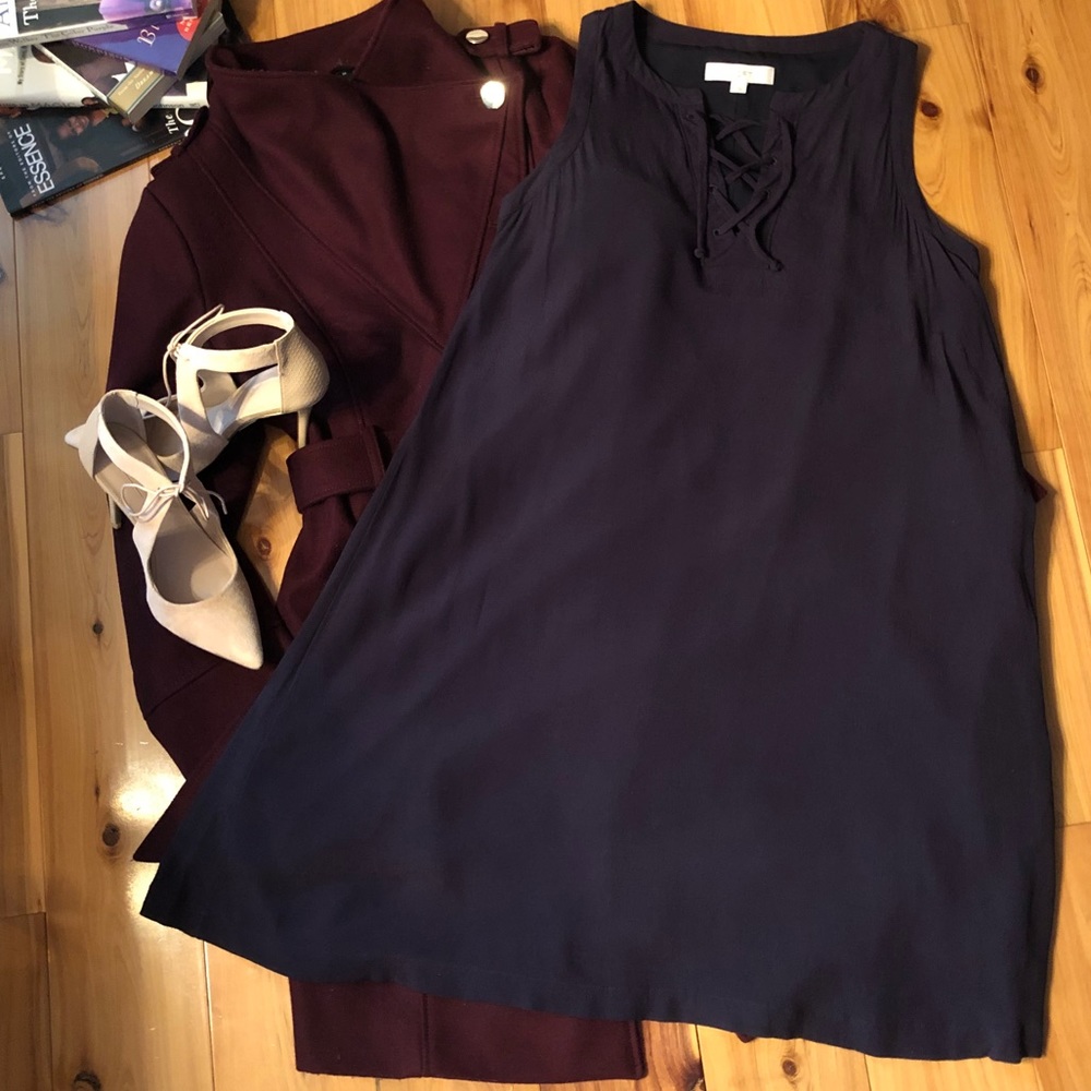 LOFT Sleeveless Navy Blue Swing Dress w/ Lace Up